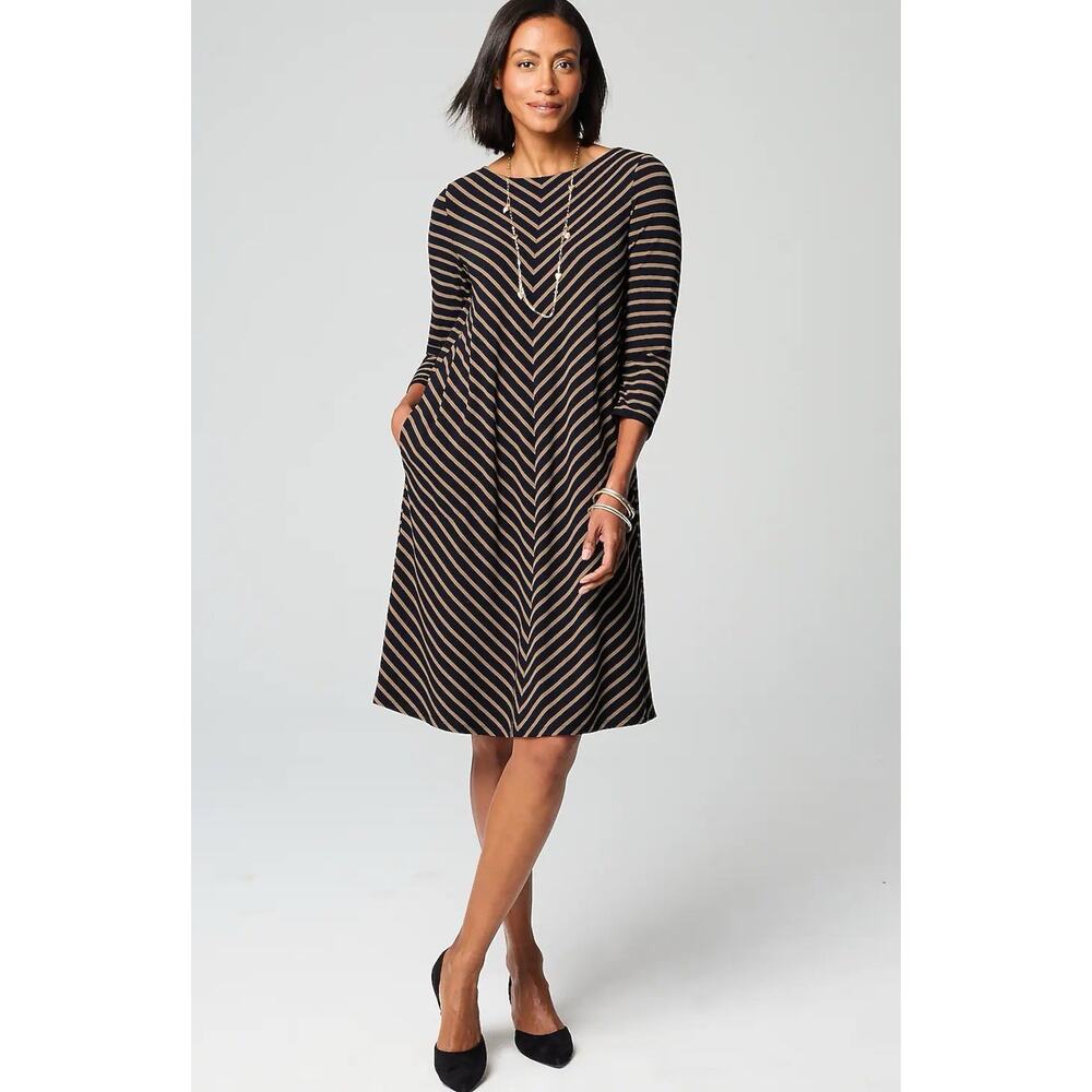 J Jill Wearever Knit Pleat Back Dress L Tall Navy Tan Striped Pockets 3/4 Sleeve